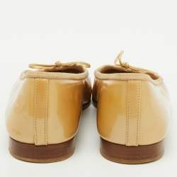Pre Owned Chanel Sand Beige Patent Leather CC Cap Toe Bow Ballet Flats Size 37