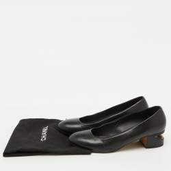 Pre Owned Chanel Black Leather Pearl Embellished Block Heel Pumps Size 37