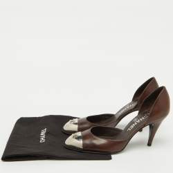 Pre Owned Chanel Dark Brown Leather CC Metal Cap Toe D'orsay Pumps Size 37.5