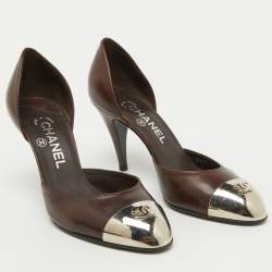 Pre Owned Chanel Dark Brown Leather CC Metal Cap Toe D'orsay Pumps Size 37.5