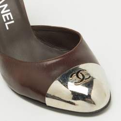 Pre Owned Chanel Dark Brown Leather CC Metal Cap Toe D'orsay Pumps Size 37.5