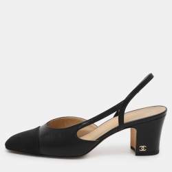 Chanel Black Fabric and Leather CC Slingback Pumps Size 37.5