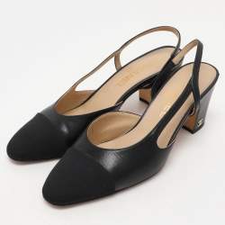 Chanel Black Fabric and Leather CC Slingback Pumps Size 37.5