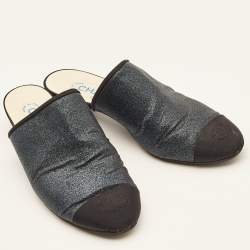 Chanel Navy Blue/Black Glitter Fabric CC Cap Toe Mules Size 38