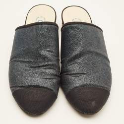 Chanel Navy Blue/Black Glitter Fabric CC Cap Toe Mules Size 38