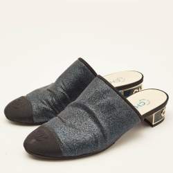 Chanel Navy Blue/Black Glitter Fabric CC Cap Toe Mules Size 38