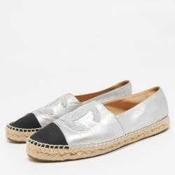 Chanel Silver/Black Leather CC Cap Toe Logo Espadrille Flats Size 41