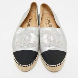 Chanel Silver/Black Leather CC Cap Toe Logo Espadrille Flats Size 41