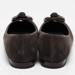 Pre Owned Chanel Dark Brown Suede CC Camelia Ballet Flat Size 38.5