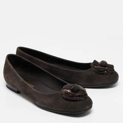Pre Owned Chanel Dark Brown Suede CC Camelia Ballet Flat Size 38.5