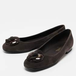 Pre Owned Chanel Dark Brown Suede CC Camelia Ballet Flat Size 38.5