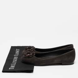 Pre Owned Chanel Dark Brown Suede CC Camelia Ballet Flat Size 38.5