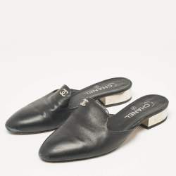 Chanel Black Leather Interlocking CC Logo Mules Size 38