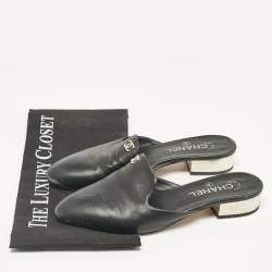 Chanel Black Leather Interlocking CC Logo Mules Size 38