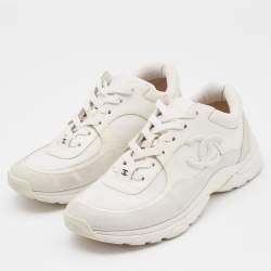 Pre Owned Chanel White Leather, Neoprene and Suede CC Low Top Sneakers Size 39