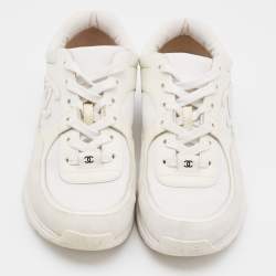 Pre Owned Chanel White Leather, Neoprene and Suede CC Low Top Sneakers Size 39