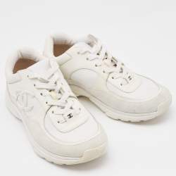 Pre Owned Chanel White Leather, Neoprene and Suede CC Low Top Sneakers Size 39