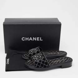 Chanel Black/White Velvet CC Slide Sandals Size 39