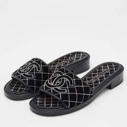 Chanel Black/White Velvet CC Slide Sandals Size 39