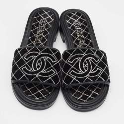 Chanel Black/White Velvet CC Slide Sandals Size 39