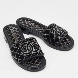 Chanel Black/White Velvet CC Slide Sandals Size 39