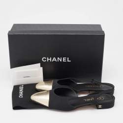 Pre Owned Chanel Black/Gold Grosgrain and Leather CC Slingback Flats Size 39.5