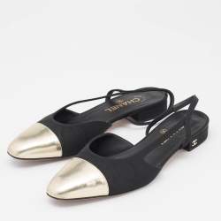 Pre Owned Chanel Black/Gold Grosgrain and Leather CC Slingback Flats Size 39.5