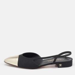 Pre Owned Chanel Black/Gold Grosgrain and Leather CC Slingback Flats Size 39.5