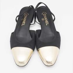 Pre Owned Chanel Black/Gold Grosgrain and Leather CC Slingback Flats Size 39.5