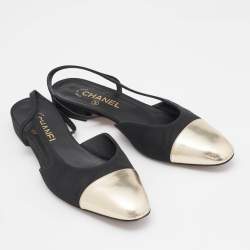 Pre Owned Chanel Black/Gold Grosgrain and Leather CC Slingback Flats Size 39.5