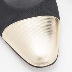 Pre Owned Chanel Black/Gold Grosgrain and Leather CC Slingback Flats Size 39.5