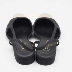 Pre Owned Chanel Black/Gold Grosgrain and Leather CC Slingback Flats Size 39.5