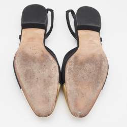 Pre Owned Chanel Black/Gold Grosgrain and Leather CC Slingback Flats Size 39.5