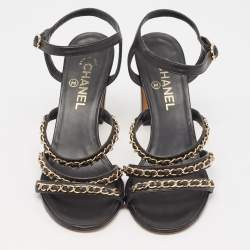 Chanel Black Leather CC Chain Detail Ankle Strap Sandals Size 39.5