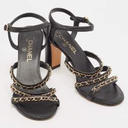 Chanel Black Leather CC Chain Detail Ankle Strap Sandals Size 39.5