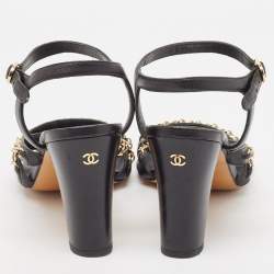 Chanel Black Leather CC Chain Detail Ankle Strap Sandals Size 39.5