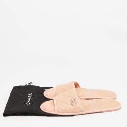 Chanel Peach Pink Leather Interlocking CC Logo Slides Size M