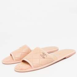 Chanel Peach Pink Leather Interlocking CC Logo Slides Size M