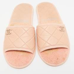Chanel Peach Pink Leather Interlocking CC Logo Slides Size M