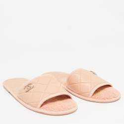 Chanel Peach Pink Leather Interlocking CC Logo Slides Size M