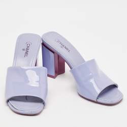 Chanel Purple Patent Leather CC Block Heel Slide Sandals Size 39