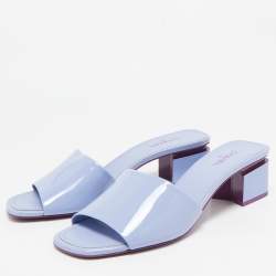 Chanel Light Blue Patent Leather CC Block Heel Slide Sandals Size 40.5