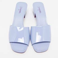 Chanel Light Blue Patent Leather CC Block Heel Slide Sandals Size 40.5