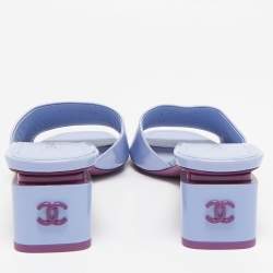 Chanel Light Blue Patent Leather CC Block Heel Slide Sandals Size 40.5