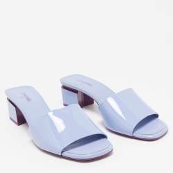 Chanel Light Blue Patent Leather CC Block Heel Slide Sandals Size 40.5