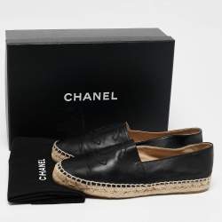 Pre Owned Chanel Black Leather CC Cap Toe Espadrille Flats Size 39