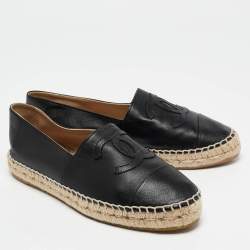 Pre Owned Chanel Black Leather CC Cap Toe Espadrille Flats Size 39