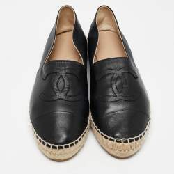 Pre Owned Chanel Black Leather CC Cap Toe Espadrille Flats Size 39