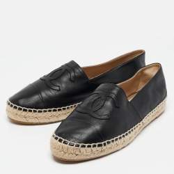 Pre Owned Chanel Black Leather CC Cap Toe Espadrille Flats Size 39