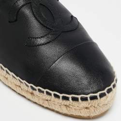 Pre Owned Chanel Black Leather CC Cap Toe Espadrille Flats Size 39